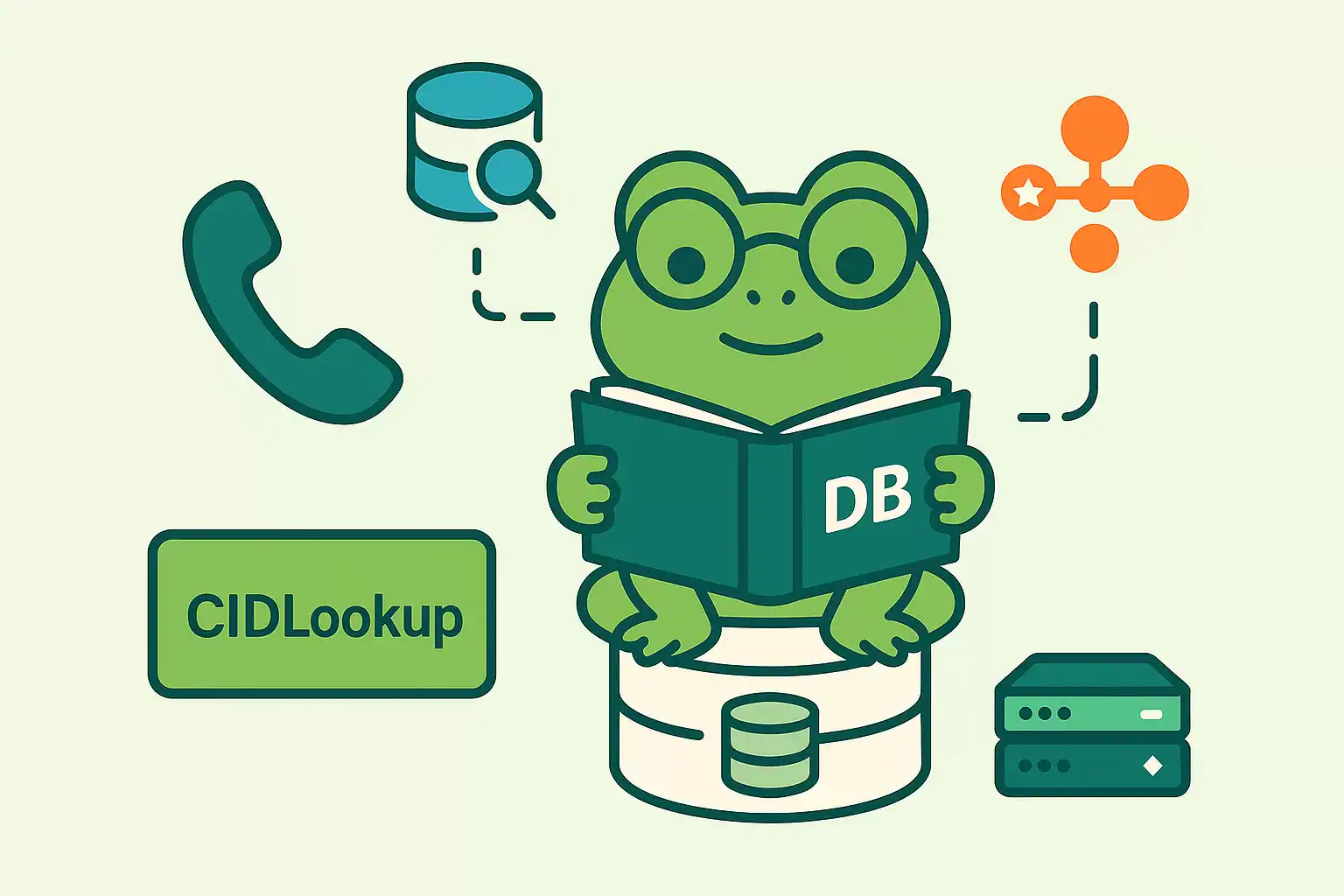 DB frog reading a book about database management and CIDLookup in a digital environment, emphasizing tech and data connectivity.